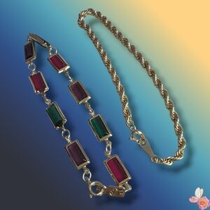 Vintage Swarovski Crystal Bracelet Set Gold Tone Rope Chain Red Green Purple